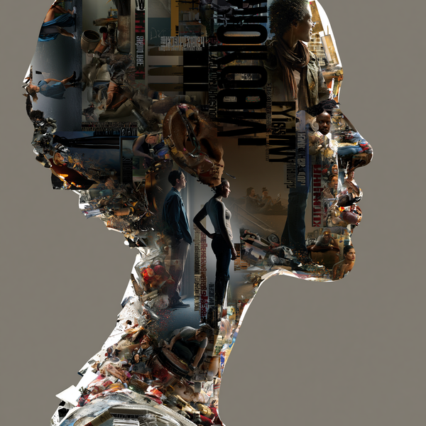 Digital collage artwork of a human head shown in profile, the silhouette entirely filled with fragmented photos