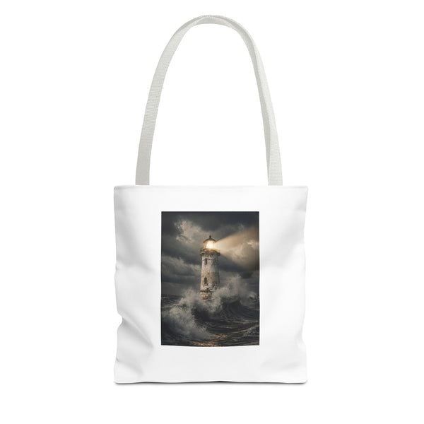 Lighthouse in Storm Tote Bag — Moody Coastal Nautical Beach Accessory — alt view