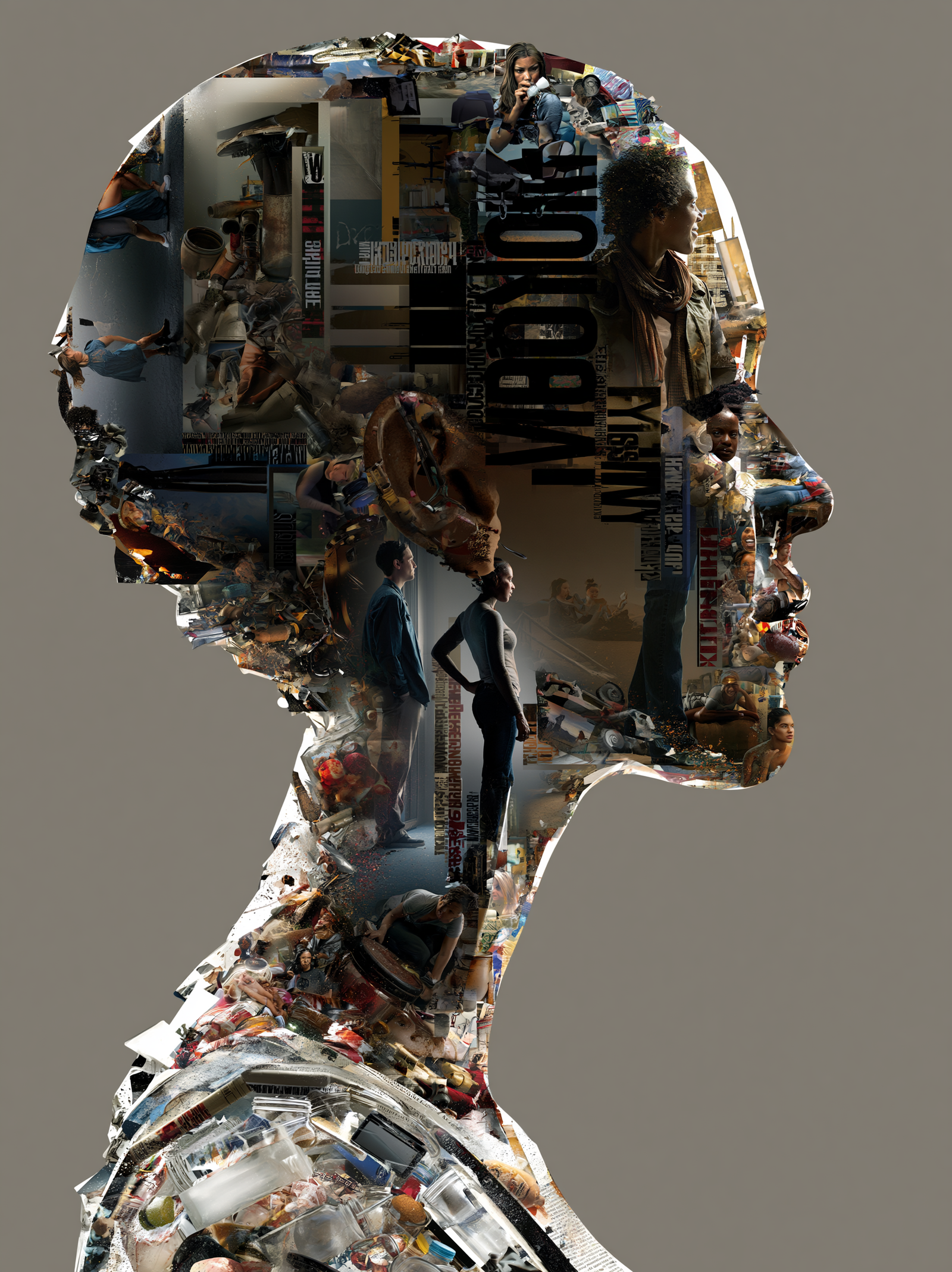 Digital collage artwork of a human head shown in profile, the silhouette entirely filled with fragmented photos