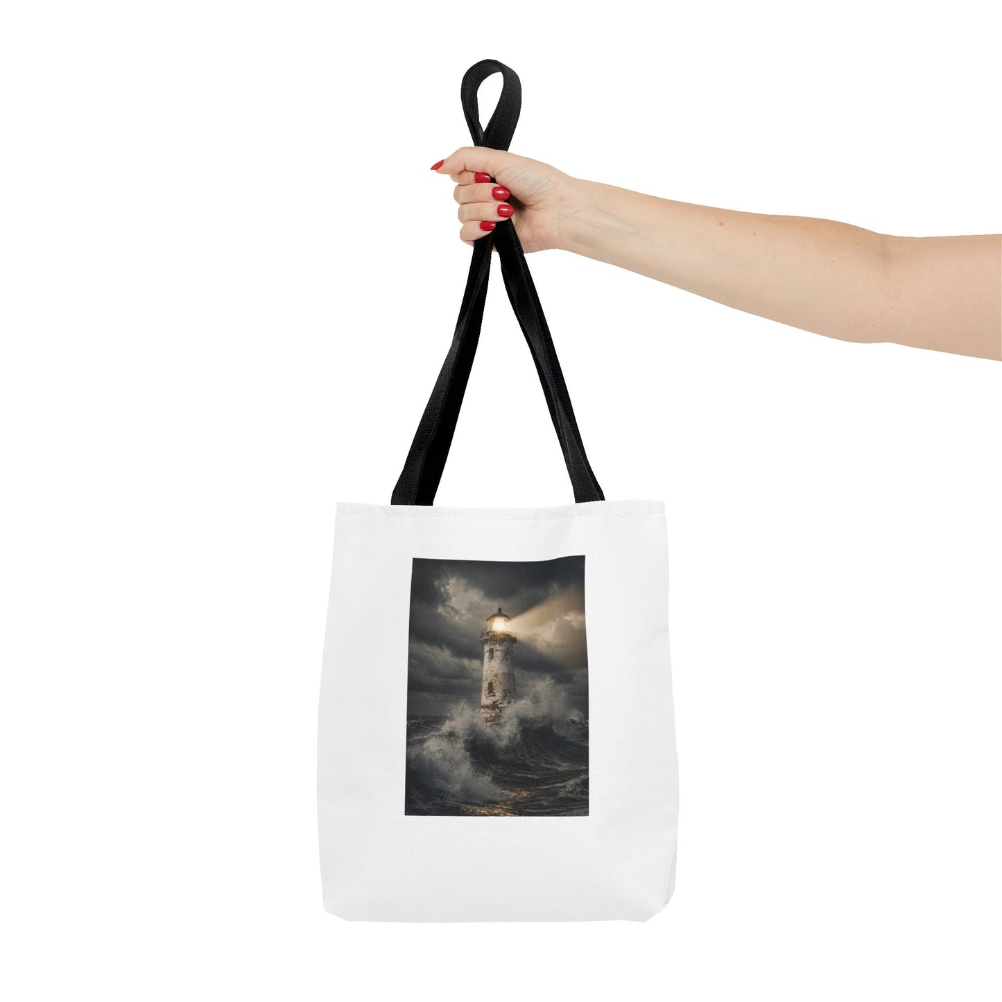 Lighthouse in Storm Tote Bag — Moody Coastal Nautical Beach Accessory