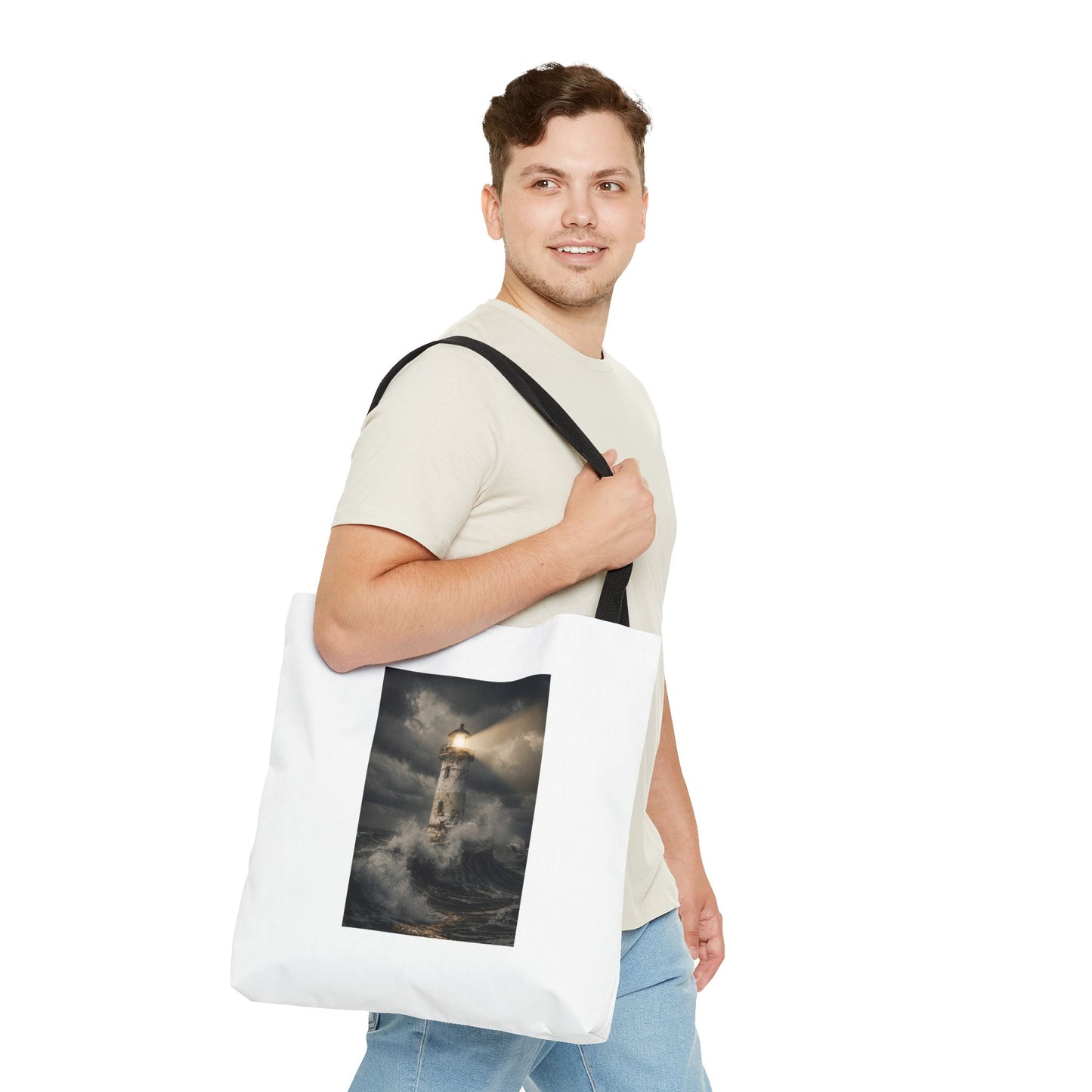 Lighthouse in Storm Tote Bag — Moody Coastal Nautical Beach Accessory
