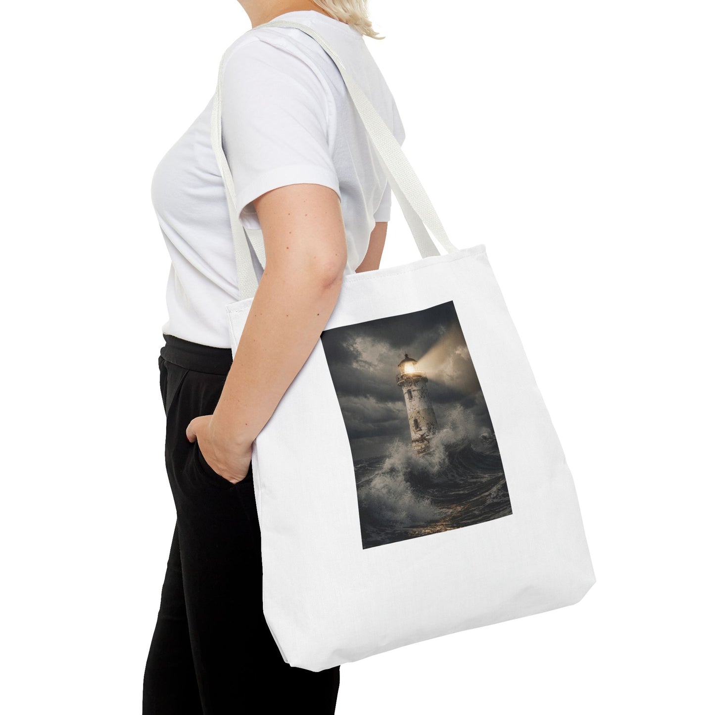 Lighthouse in Storm Tote Bag — Moody Coastal Nautical Beach Accessory