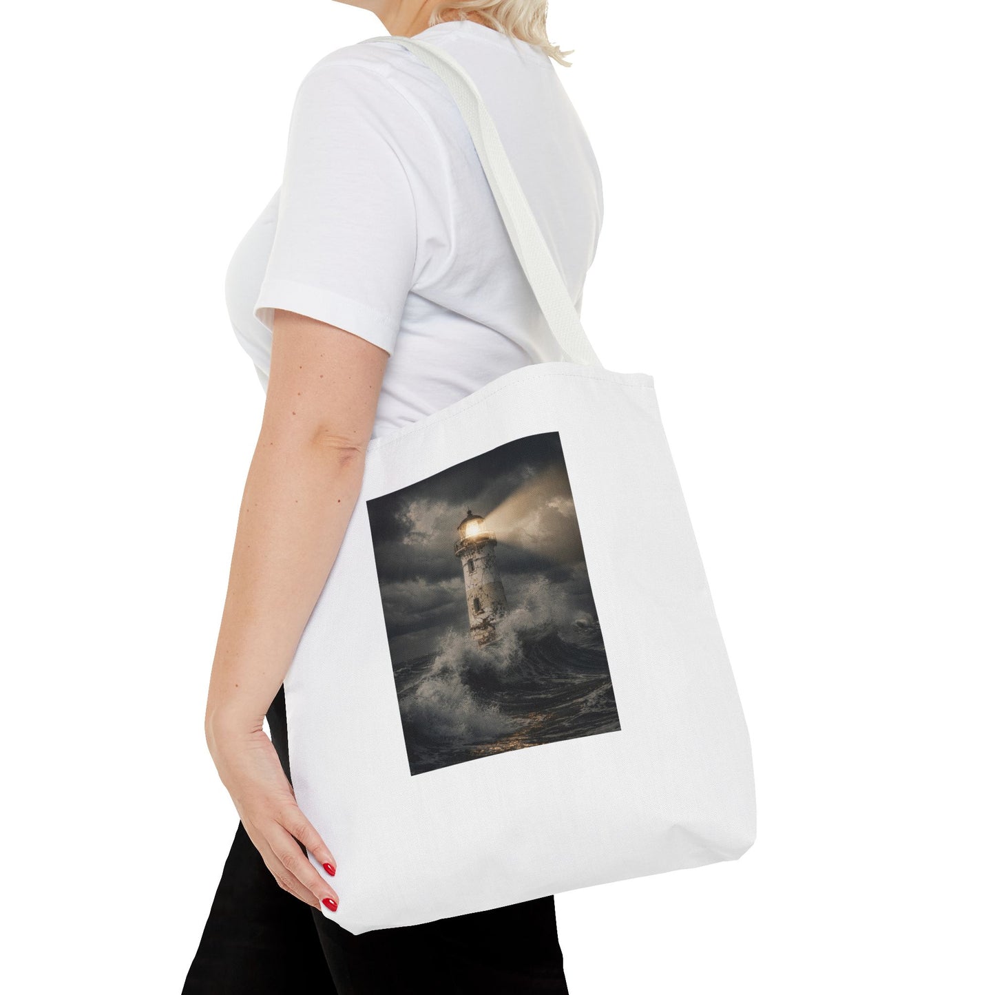 Lighthouse in Storm Tote Bag — Moody Coastal Nautical Beach Accessory