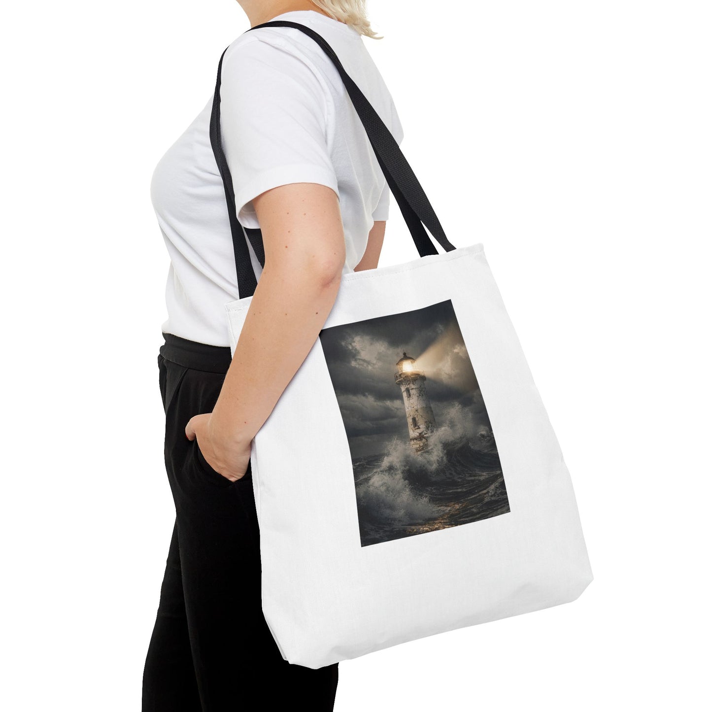 Lighthouse in Storm Tote Bag — Moody Coastal Nautical Beach Accessory