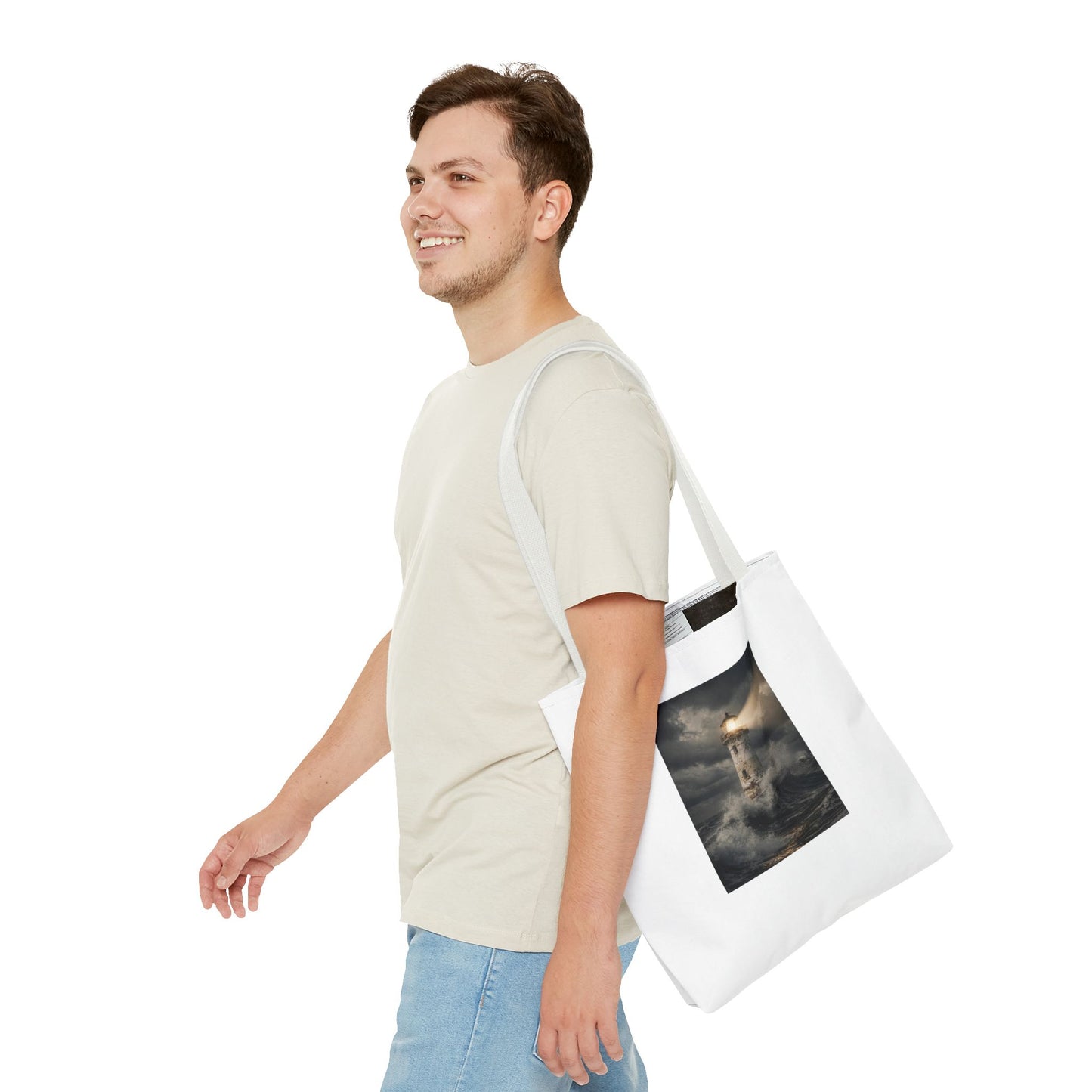 Lighthouse in Storm Tote Bag — Moody Coastal Nautical Beach Accessory