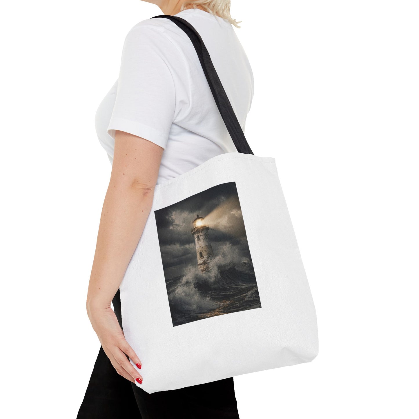 Lighthouse in Storm Tote Bag — Moody Coastal Nautical Beach Accessory