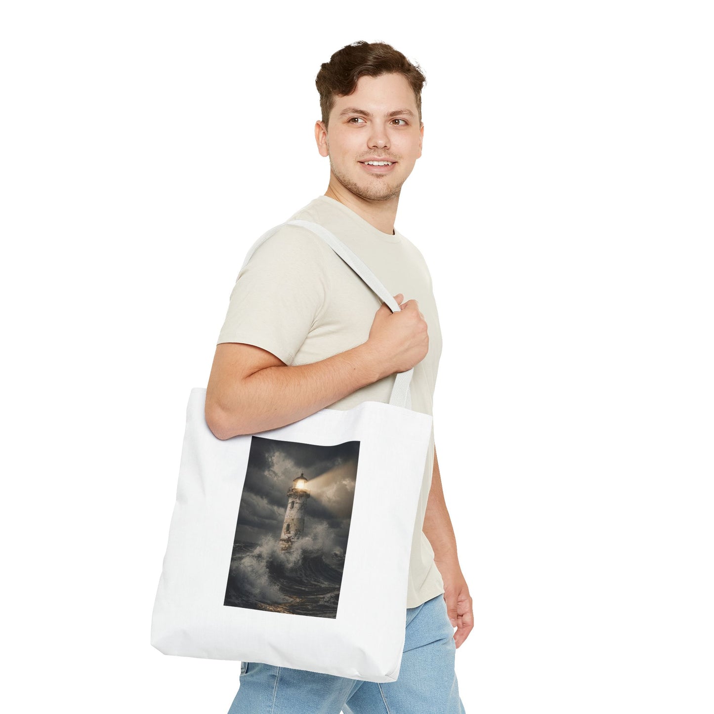 Lighthouse in Storm Tote Bag — Moody Coastal Nautical Beach Accessory