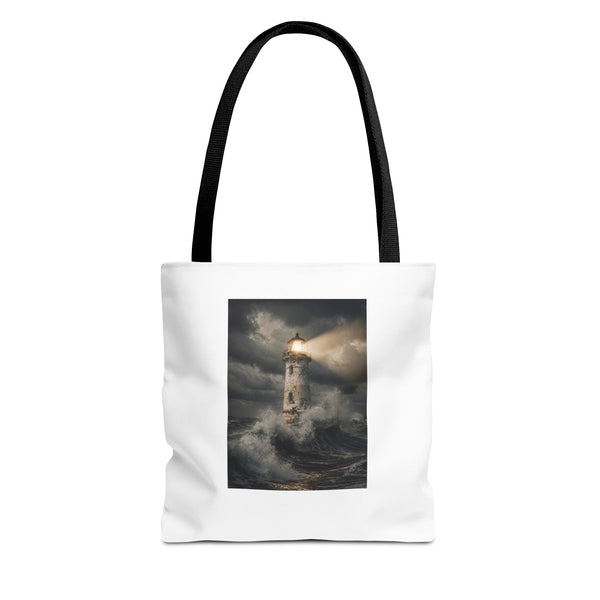 Lighthouse in Storm Tote Bag — Moody Coastal Nautical Beach Accessory