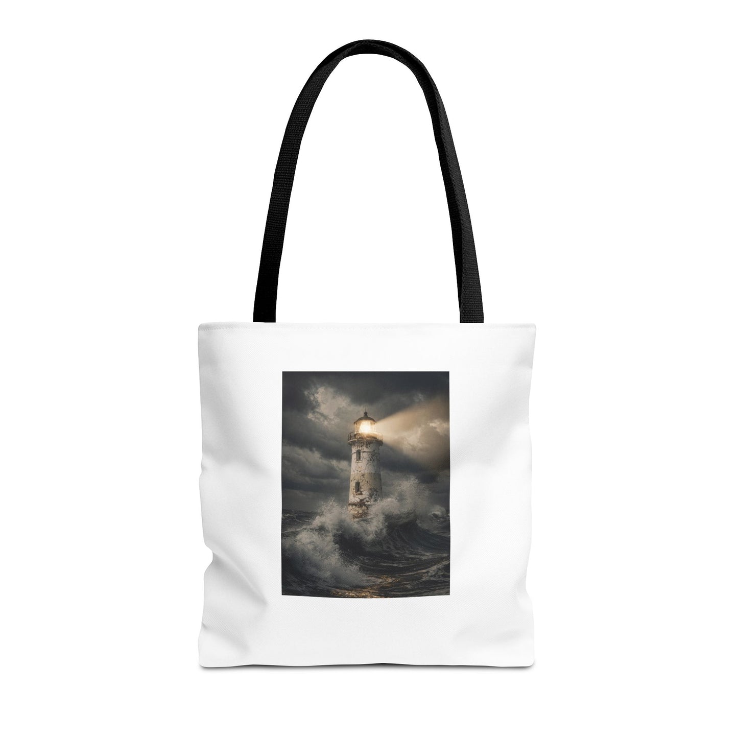 Lighthouse in Storm Tote Bag — Moody Coastal Nautical Beach Accessory