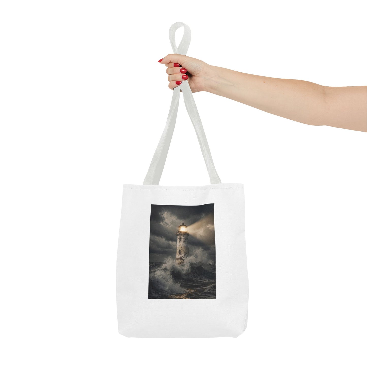 Lighthouse in Storm Tote Bag — Moody Coastal Nautical Beach Accessory