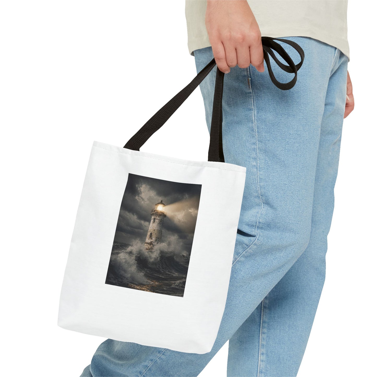 Lighthouse in Storm Tote Bag — Moody Coastal Nautical Beach Accessory