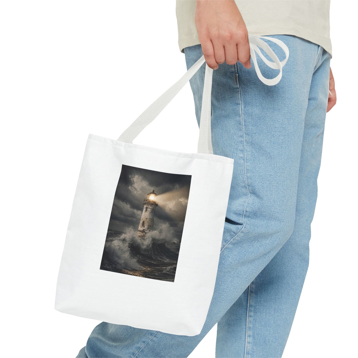 Lighthouse in Storm Tote Bag — Moody Coastal Nautical Beach Accessory