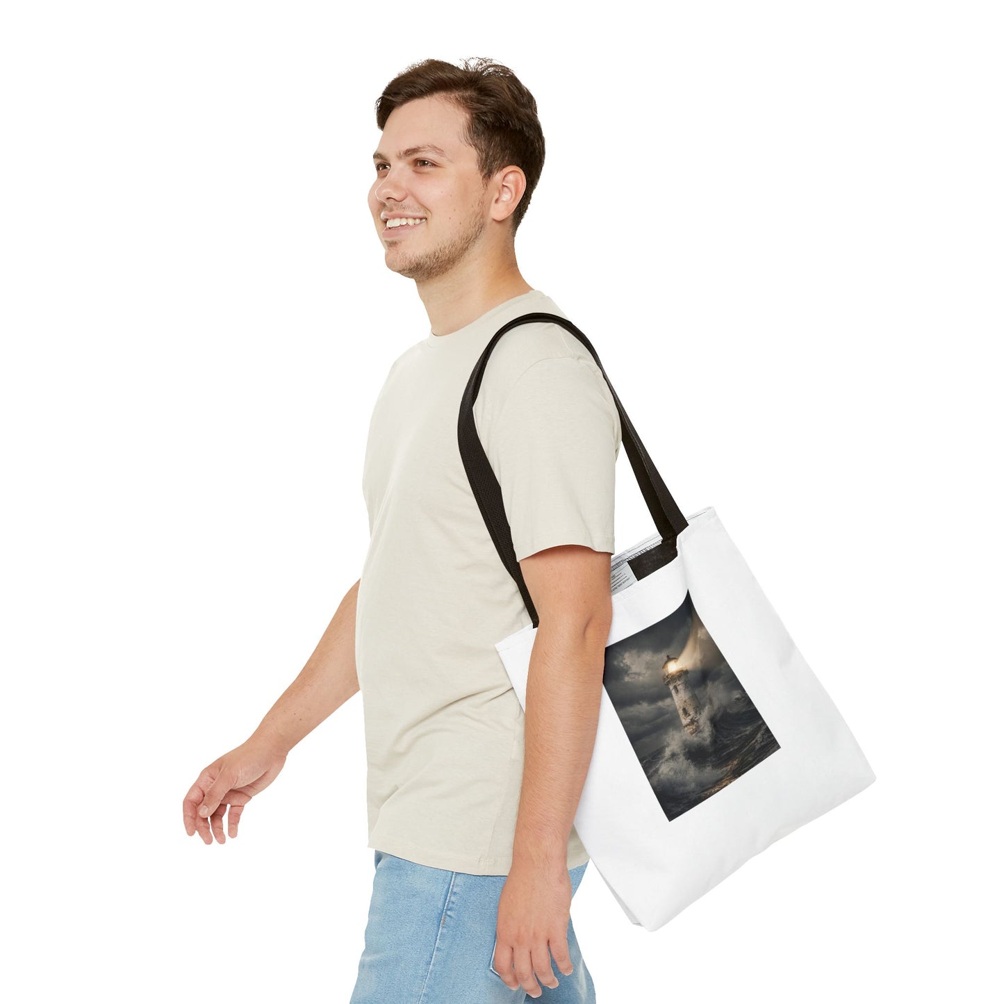 Lighthouse in Storm Tote Bag — Moody Coastal Nautical Beach Accessory