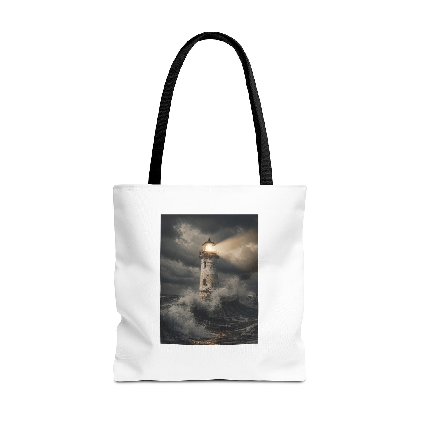 Lighthouse in Storm Tote Bag — Moody Coastal Nautical Beach Accessory