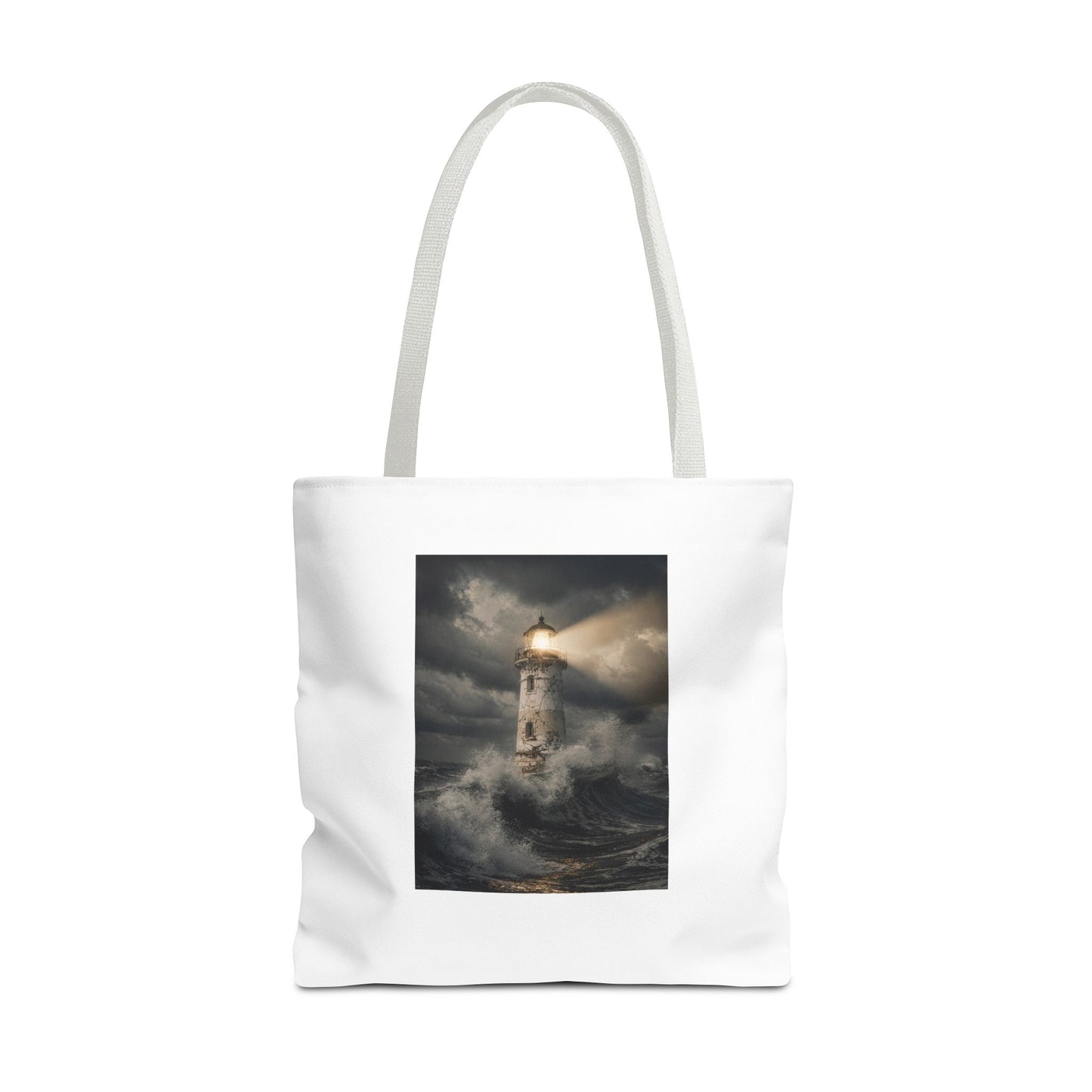 Lighthouse in Storm Tote Bag — Moody Coastal Nautical Beach Accessory