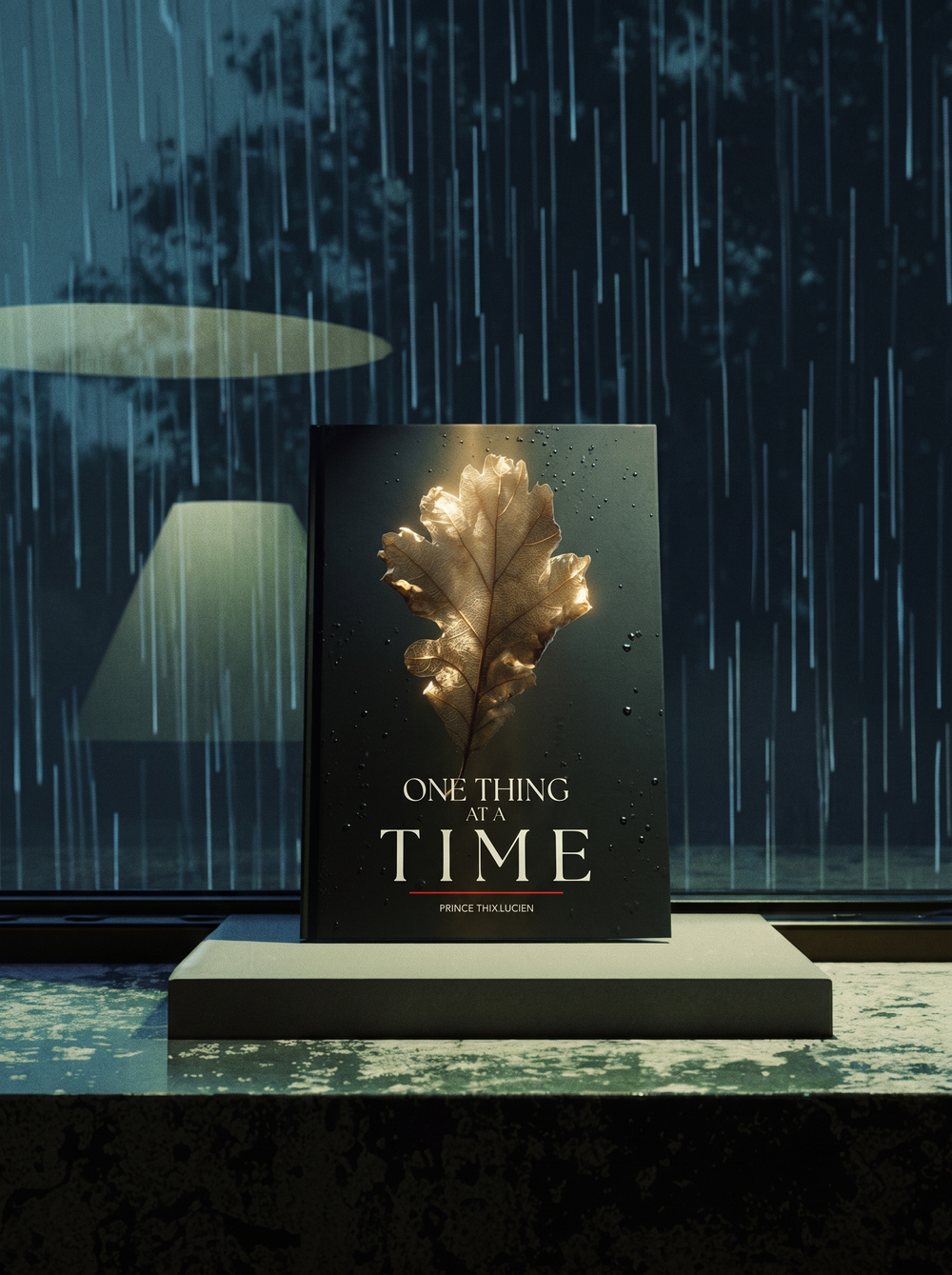 Flat lay of One Thing at a Time ebook on dark window surface — premium intellectual nonfiction on attention and focus