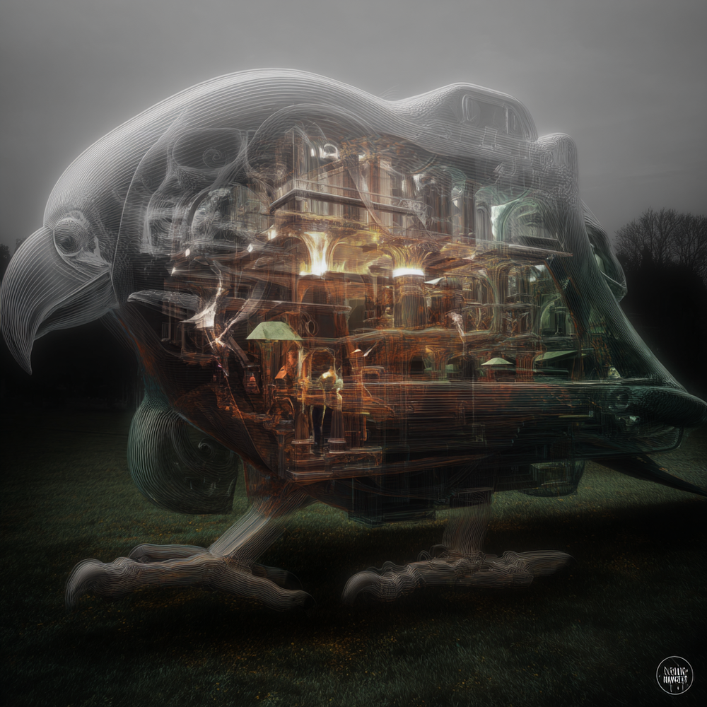 A surreal conceptual artwork showing a translucent bird containing an illuminated interior world of architecture, columns, and chambers — representing the hidden complexity of the human mind. Attentra Studios digital print.